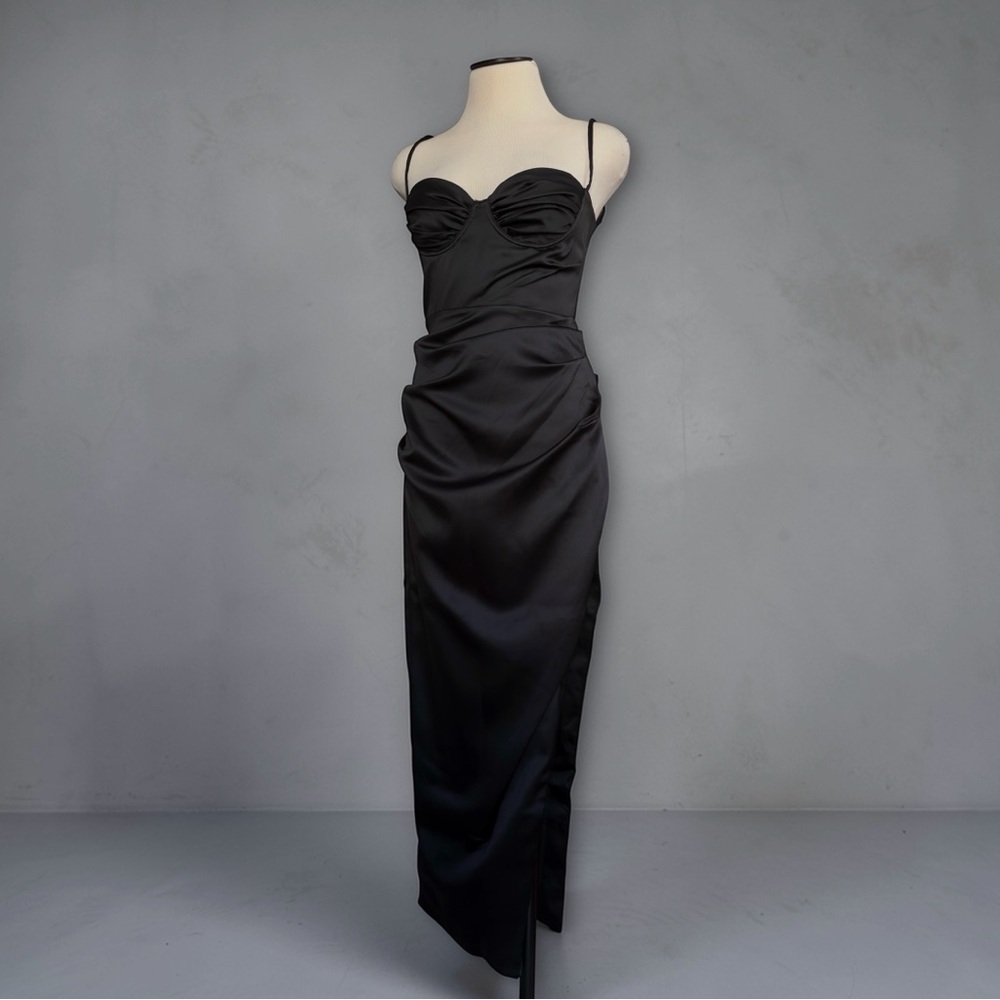 House of CB Flora Satin Pleated Corset Midi Dress Black - Picture 6 of 8